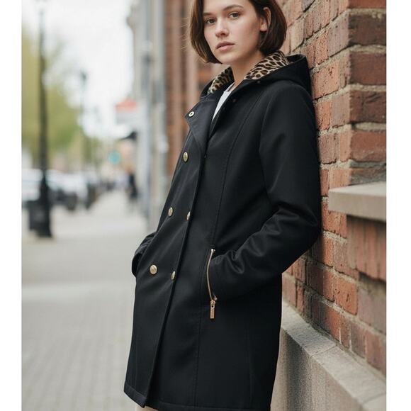 NWOT Via Spiga Hooded Trench Coat Raincoat Black Animal Print Faux Fur Lining M - Picture 1 of 16